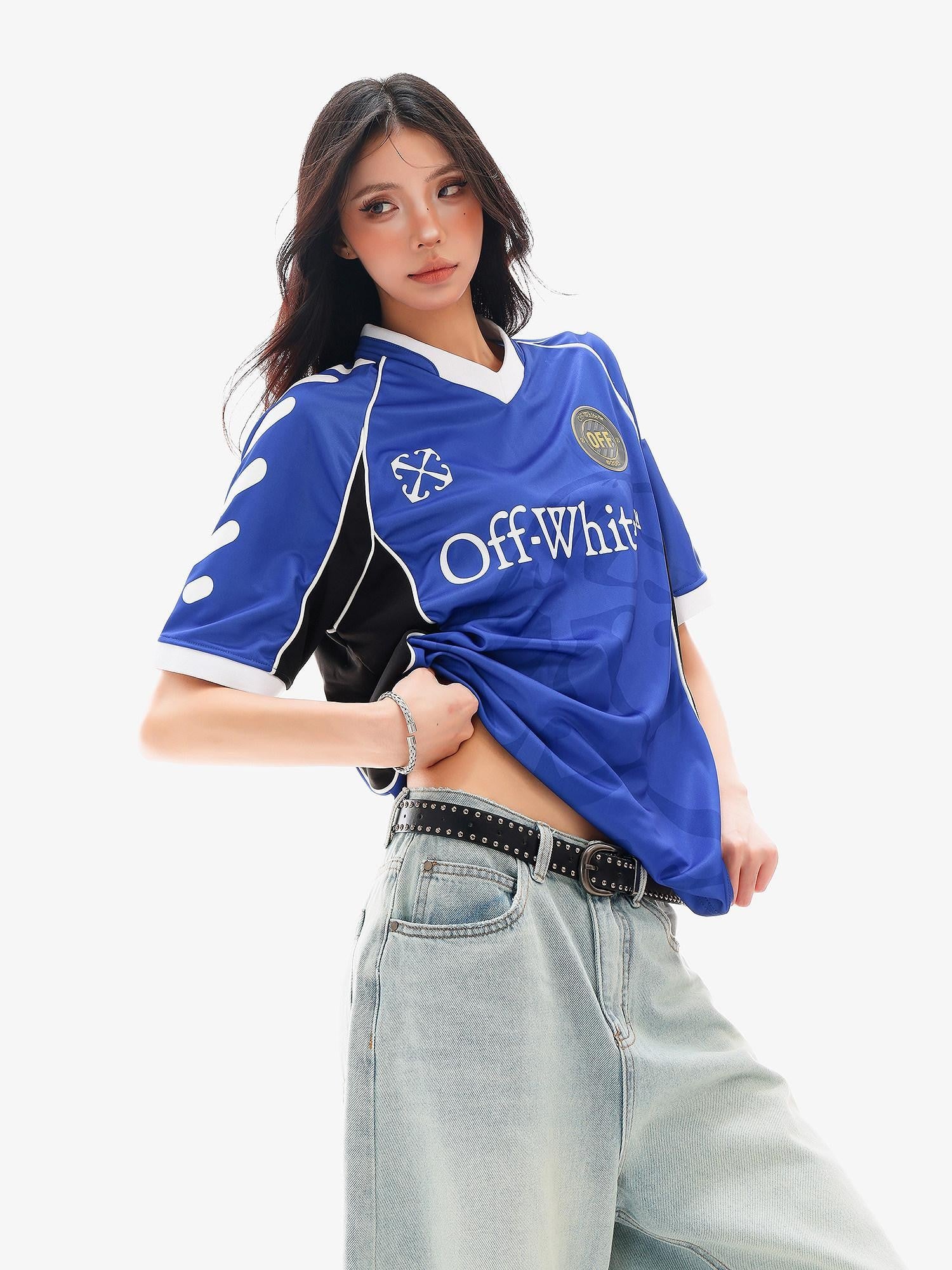 QIUQIU STUDIO Colorblock Striped Number Football Print V-neck Women&