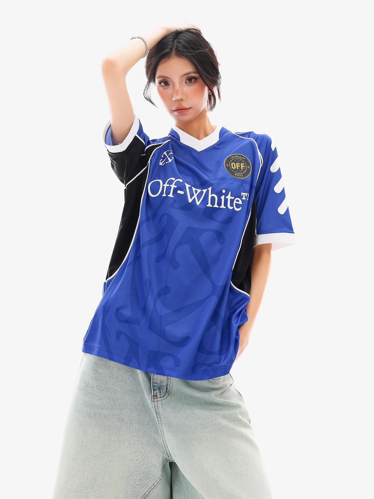 QIUQIU STUDIO Colorblock Striped Number Football Print V-neck Women&