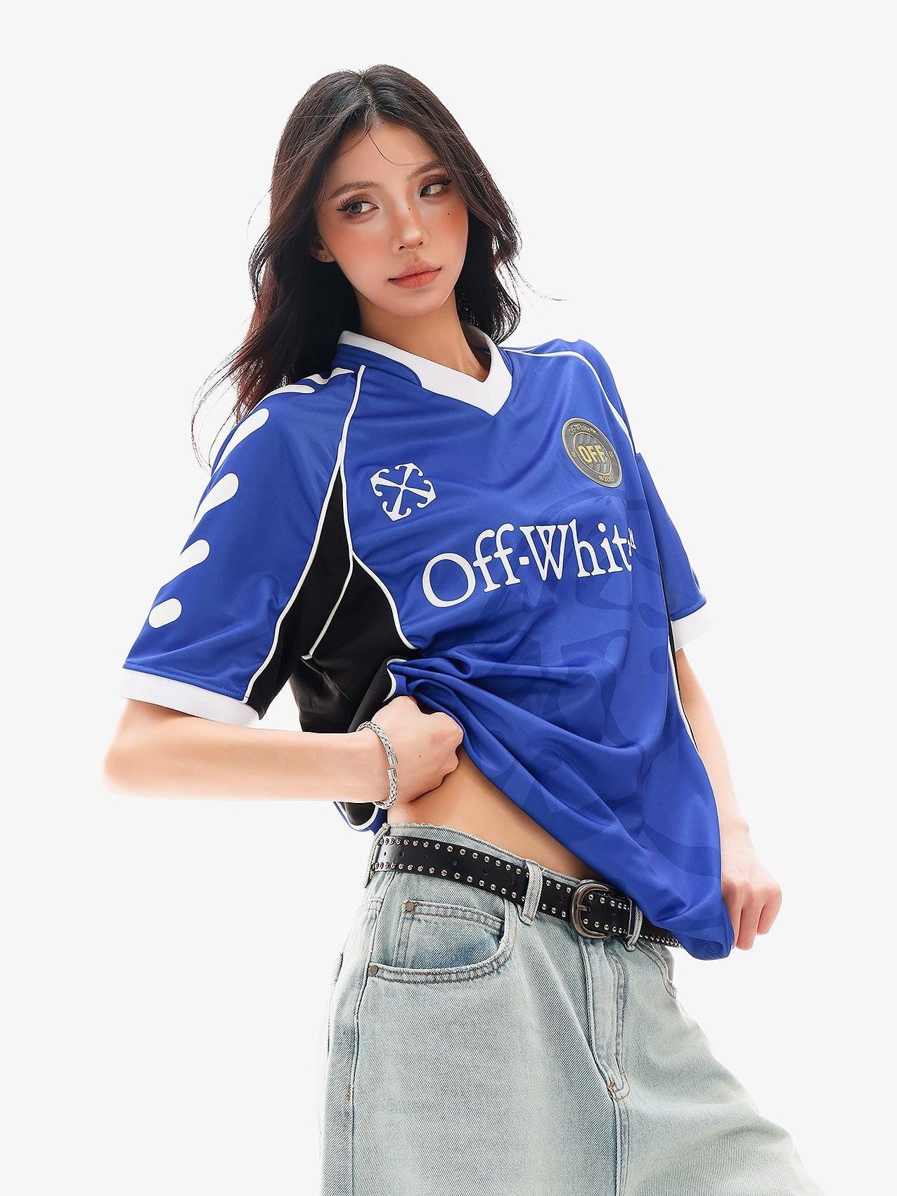 QIUQIU STUDIO Colorblock Striped Number Football Print V-neck Women&