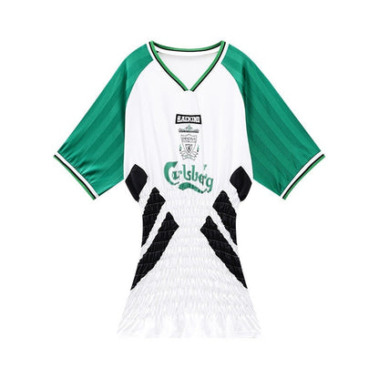 QIUQIU_STUDIO_Colorblock_V-neck_Retro_Jersey_Short_Sleeve_Women&