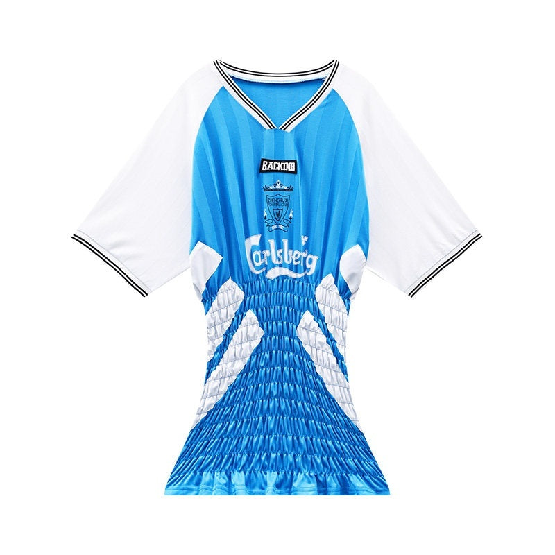 QIUQIU_STUDIO_Colorblock_V-neck_Retro_Jersey_Short_Sleeve_Women&