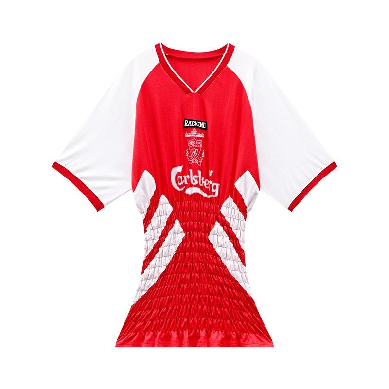 QIUQIU_STUDIO_Colorblock_V-neck_Retro_Jersey_Short_Sleeve_Women&