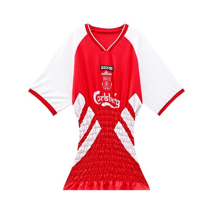 QIUQIU_STUDIO_Colorblock_V-neck_Retro_Jersey_Short_Sleeve_Women&