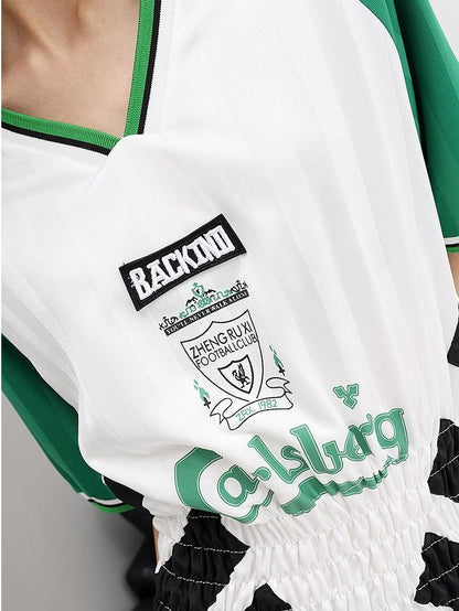 QIUQIU STUDIO Colorblock V-neck Retro Jersey Short Sleeve Women&