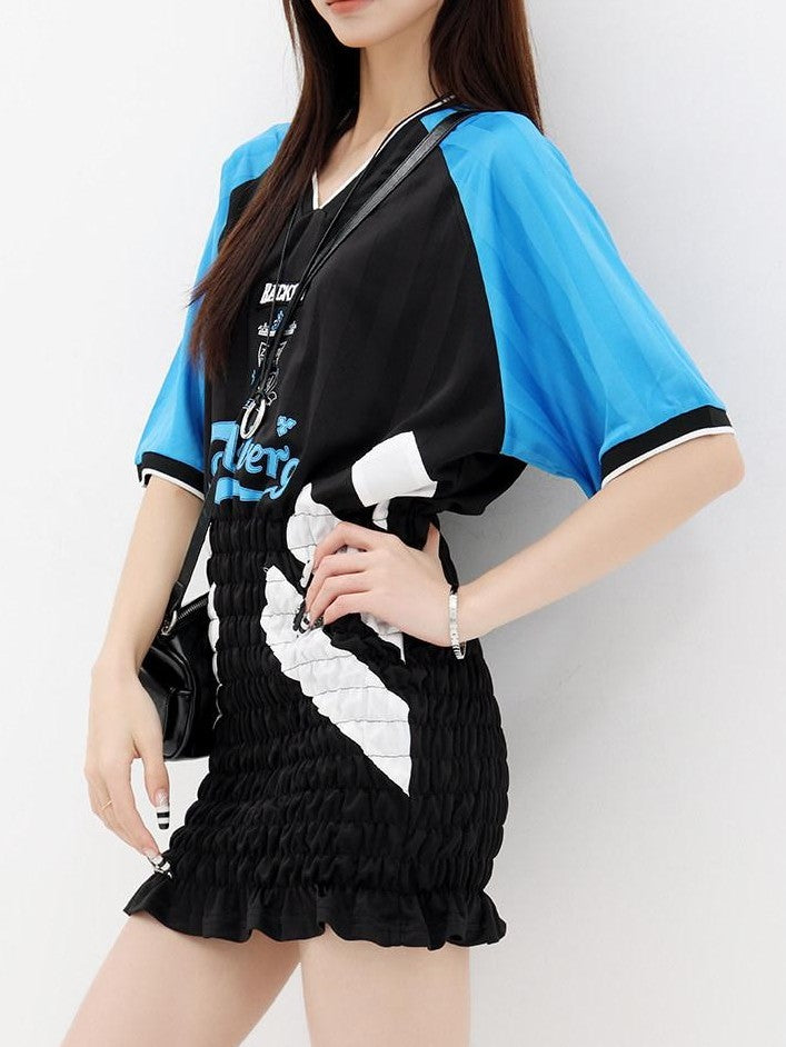QIUQIU STUDIO Colorblock V-neck Retro Jersey Short Sleeve Women&