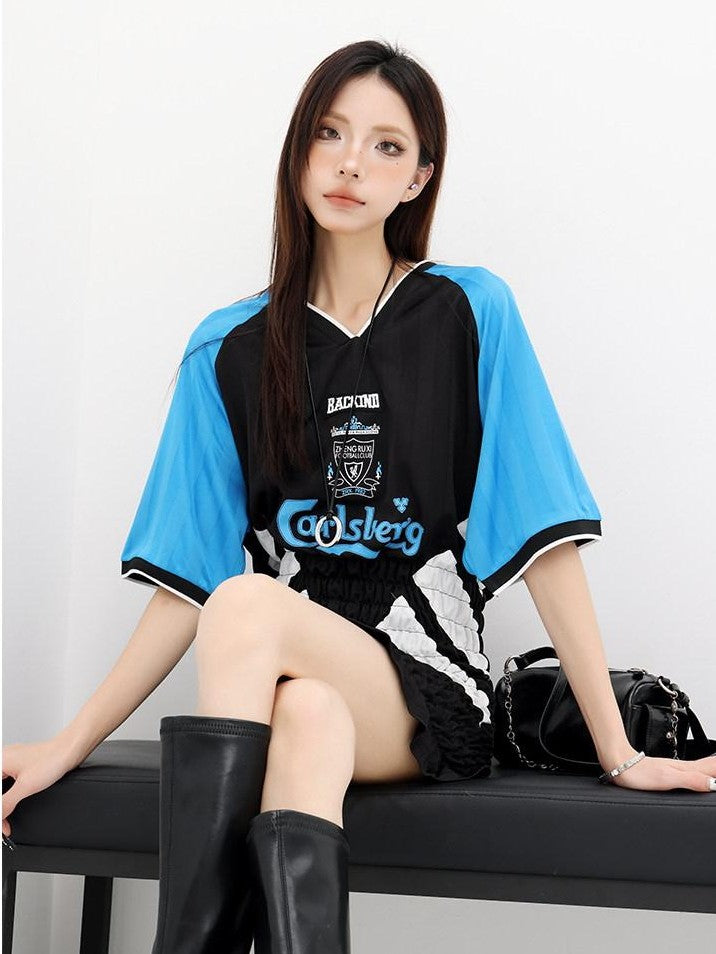 QIUQIU STUDIO Colorblock V-neck Retro Jersey Short Sleeve Women&