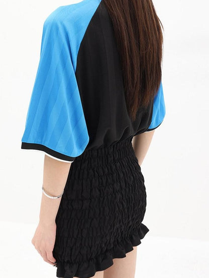 QIUQIU STUDIO Colorblock V-neck Retro Jersey Short Sleeve Women&