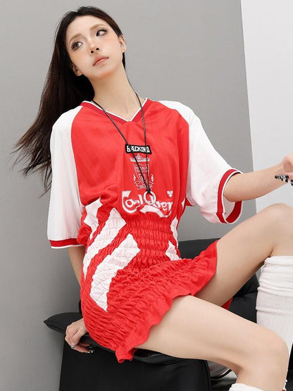 QIUQIU STUDIO Colorblock V-neck Retro Jersey Short Sleeve Women&