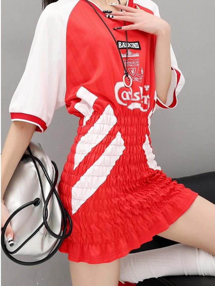 QIUQIU STUDIO Colorblock V-neck Retro Jersey Short Sleeve Women&