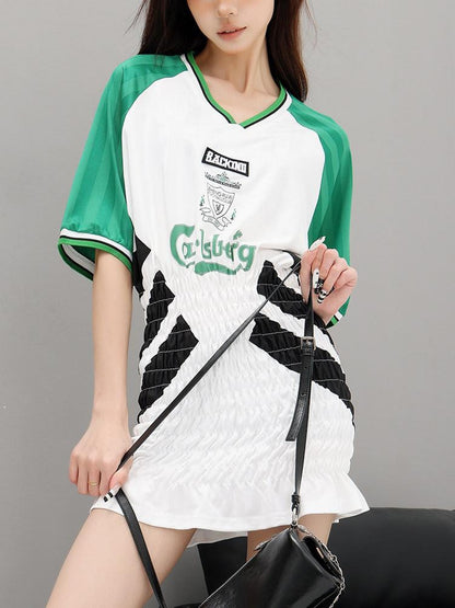 QIUQIU STUDIO Colorblock V-neck Retro Jersey Short Sleeve Women&