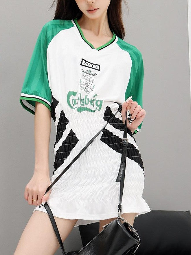 QIUQIU STUDIO Colorblock V-neck Retro Jersey Short Sleeve Women&