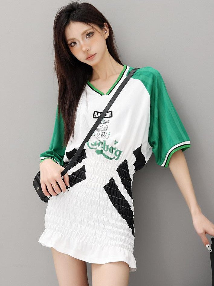QIUQIU STUDIO Colorblock V-neck Retro Jersey Short Sleeve Women&