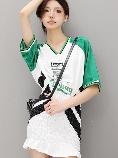 QIUQIU STUDIO Colorblock V-neck Retro Jersey Short Sleeve Women&