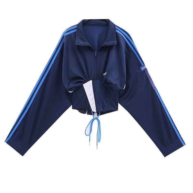 QIUQIU_STUDIO_Contrast_Panel_Stand_Collar_Waist_Tie_Zip_Cropped_Women&