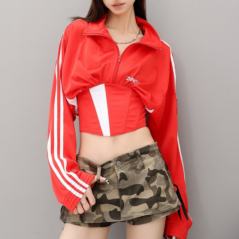 QIUQIU_STUDIO_Contrast_Panel_Stand_Collar_Waist_Tie_Zip_Cropped_Women&