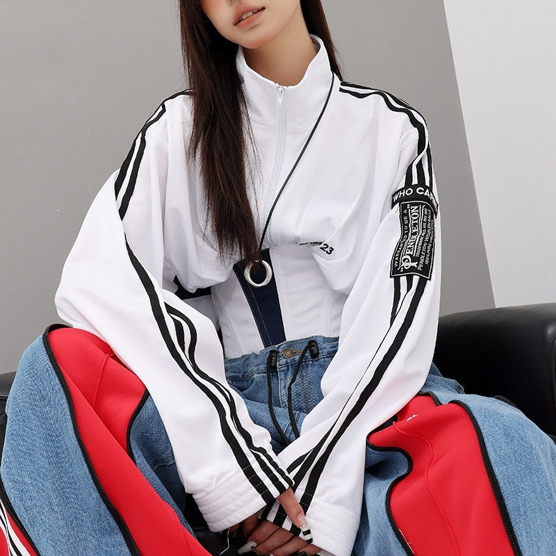 QIUQIU_STUDIO_Contrast_Panel_Stand_Collar_Waist_Tie_Zip_Cropped_Women&