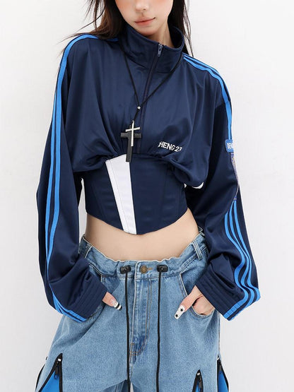 QIUQIU STUDIO Contrast Panel Stand Collar Waist Tie Zip Cropped Women&