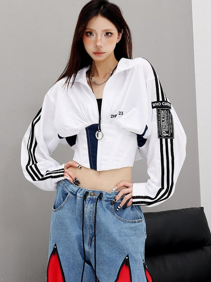 QIUQIU STUDIO Contrast Panel Stand Collar Waist Tie Zip Cropped Women&