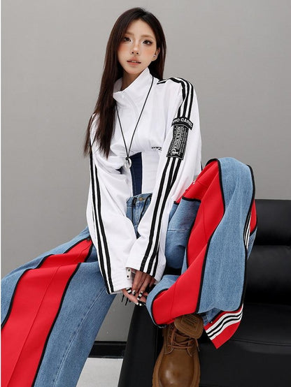 QIUQIU STUDIO Contrast Panel Stand Collar Waist Tie Zip Cropped Women&