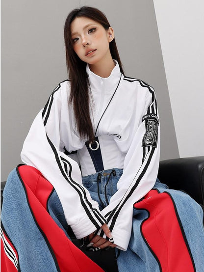 QIUQIU STUDIO Contrast Panel Stand Collar Waist Tie Zip Cropped Women&