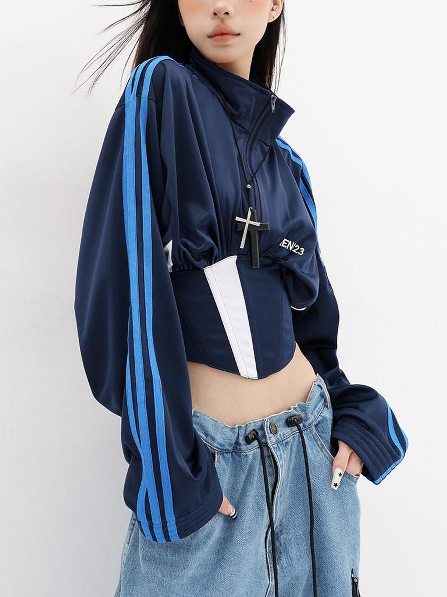 QIUQIU STUDIO Contrast Panel Stand Collar Waist Tie Zip Cropped Women&