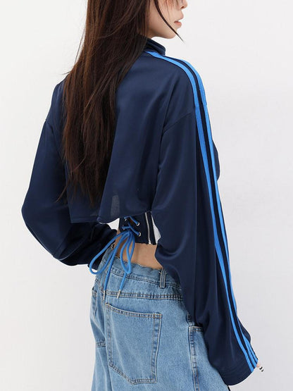 QIUQIU STUDIO Contrast Panel Stand Collar Waist Tie Zip Cropped Women&
