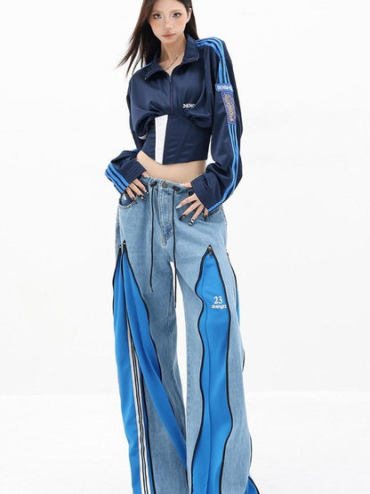 QIUQIU STUDIO Contrast Panel Stand Collar Waist Tie Zip Cropped Women&