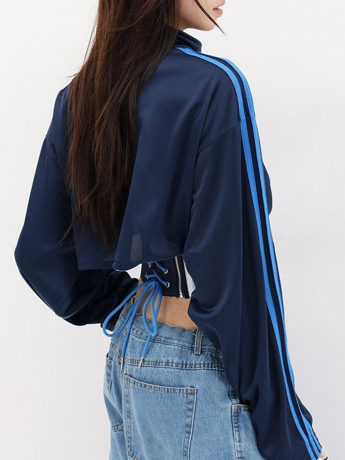 QIUQIU STUDIO Contrast Panel Stand Collar Waist Tie Zip Cropped Women&