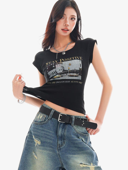 QIUQIU STUDIO Creative Letter Print Round Neck Cropped Women&