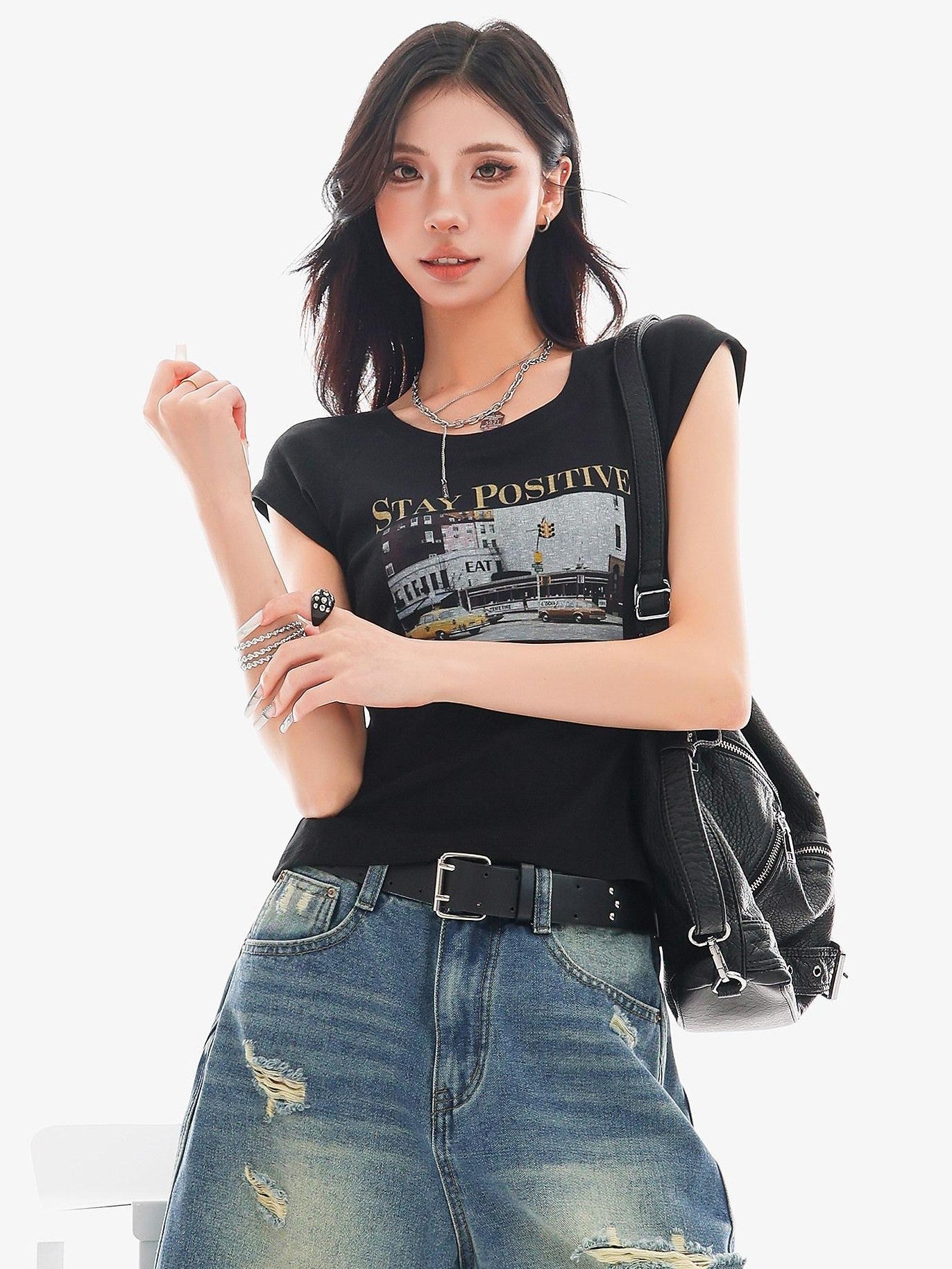 QIUQIU STUDIO Creative Letter Print Round Neck Cropped Women&