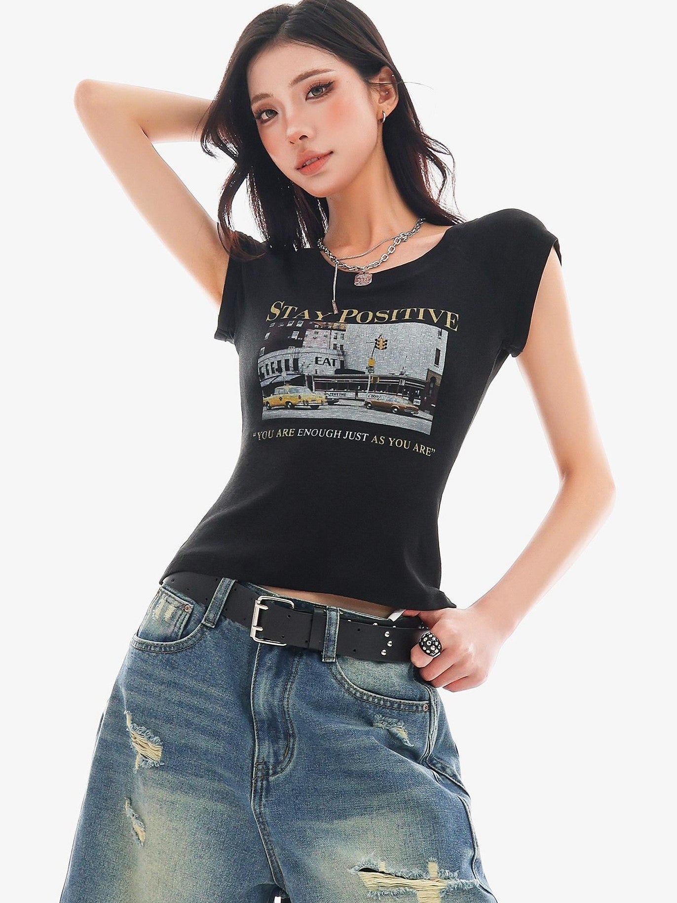 QIUQIU STUDIO Creative Letter Print Round Neck Cropped Women&