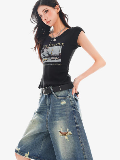 QIUQIU STUDIO Creative Letter Print Round Neck Cropped Women&