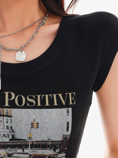 QIUQIU STUDIO Creative Letter Print Round Neck Cropped Women&