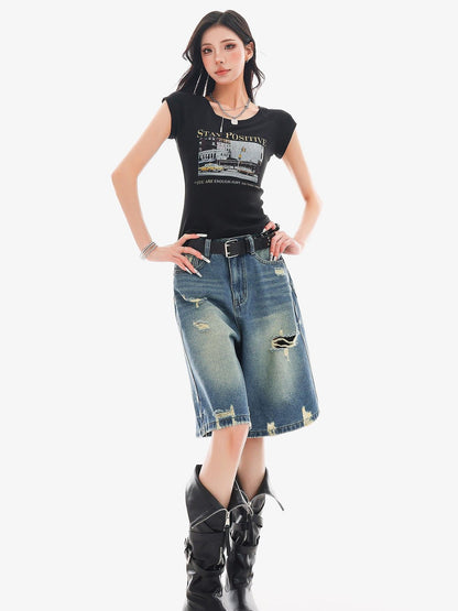 QIUQIU STUDIO Creative Letter Print Round Neck Cropped Women&