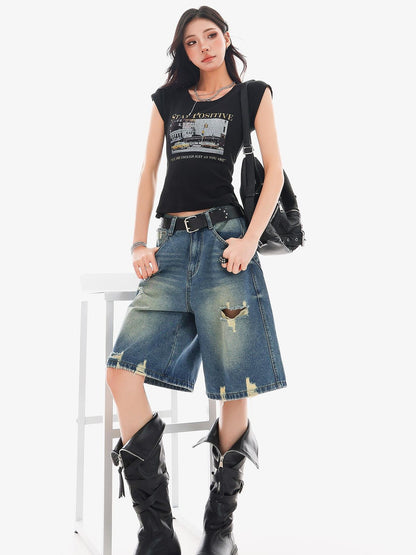 QIUQIU STUDIO Creative Letter Print Round Neck Cropped Women&