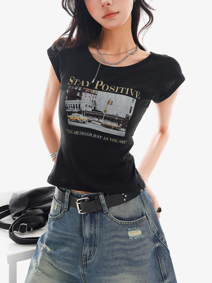 QIUQIU STUDIO Creative Letter Print Round Neck Cropped Women&