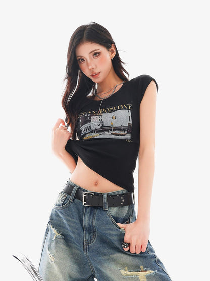 QIUQIU STUDIO Creative Letter Print Round Neck Cropped Women&