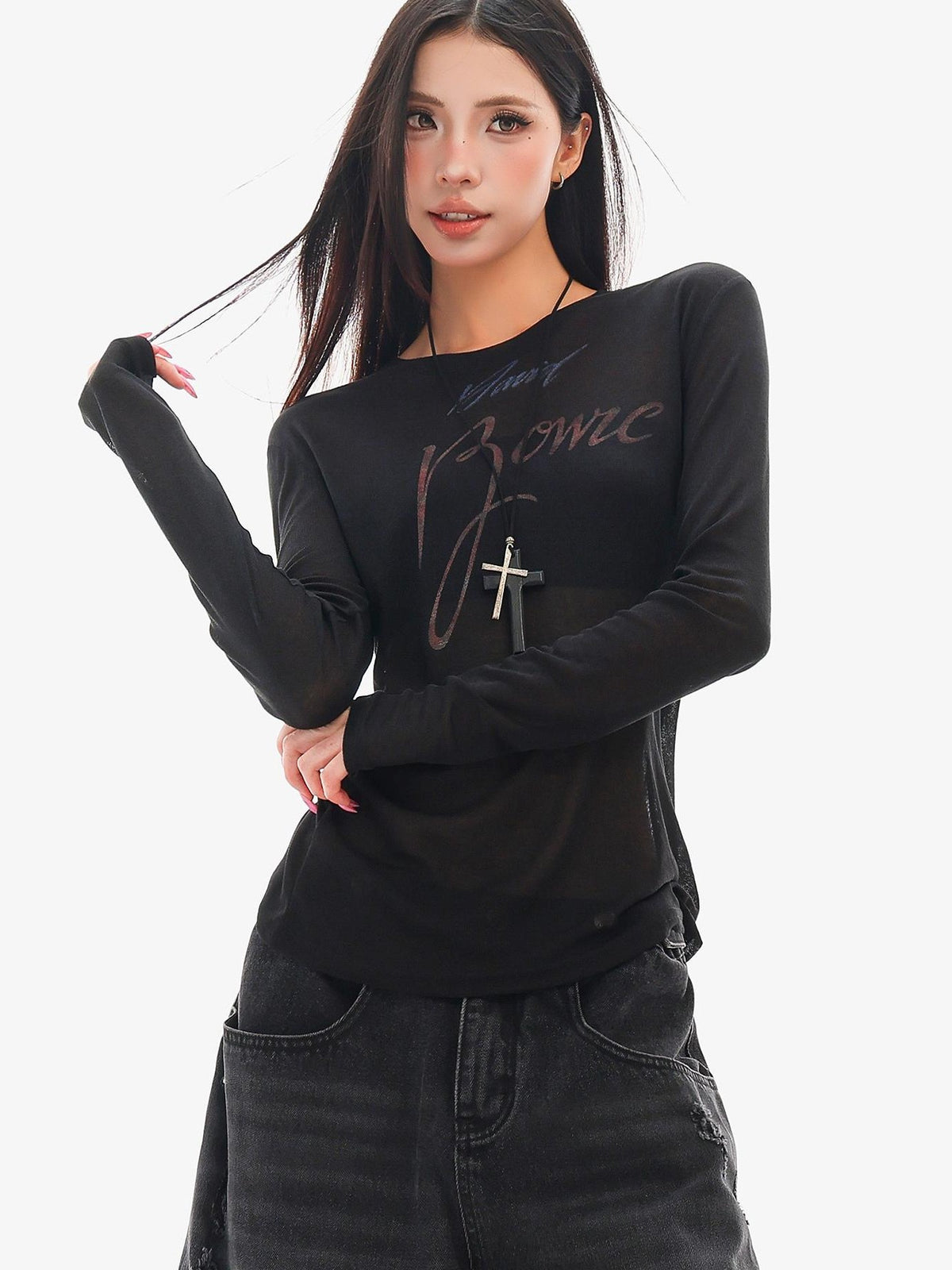 QIUQIU STUDIO Creative Print Sheer Round Neck Women&