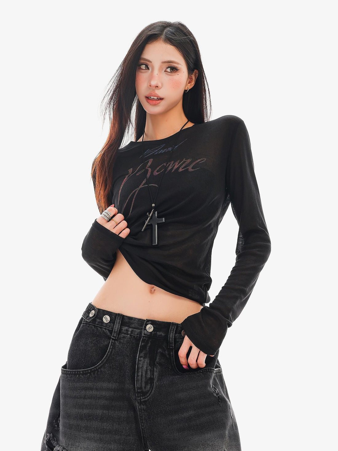 QIUQIU STUDIO Creative Print Sheer Round Neck Women&