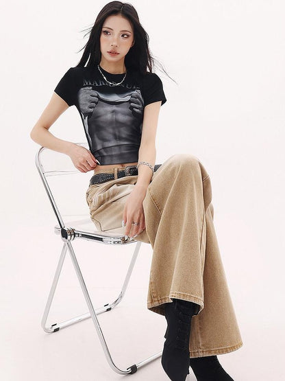 QIUQIU STUDIO Cropped American Lettered Print Crewneck Women&