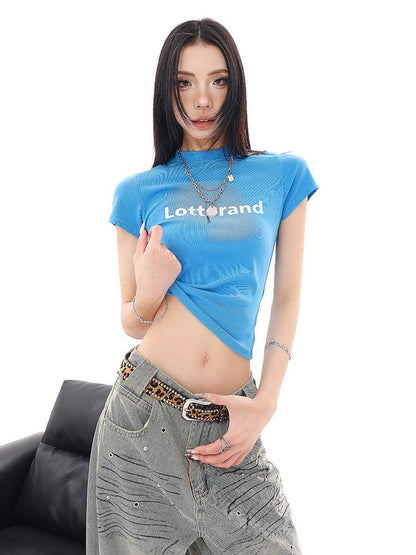 QIUQIU STUDIO Cropped Letter Print Crewneck Slim Fit Women&