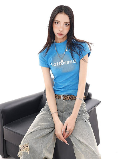 QIUQIU STUDIO Cropped Letter Print Crewneck Slim Fit Women&