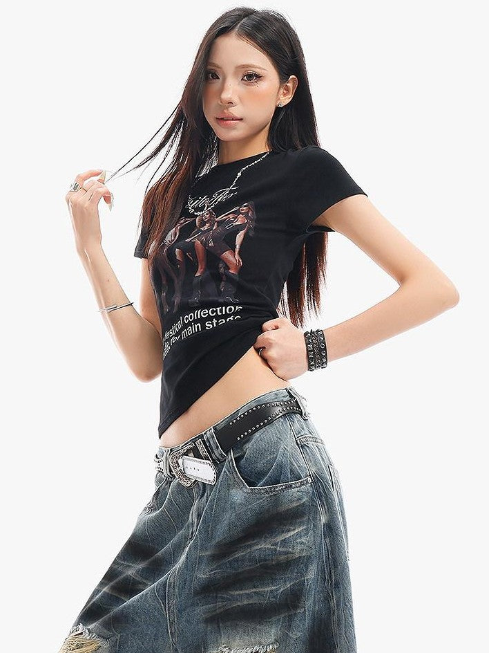 QIUQIU STUDIO Cropped Portrait Print Round Neck Waist Cinch Women&