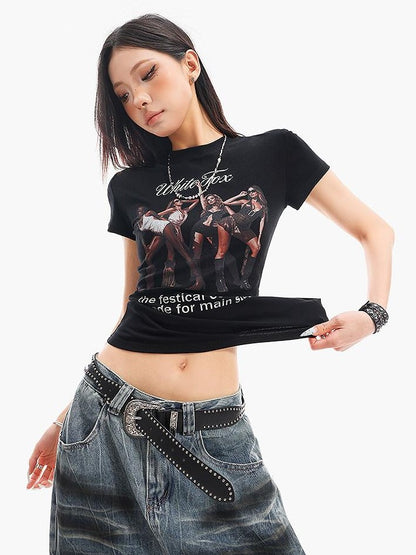 QIUQIU STUDIO Cropped Portrait Print Round Neck Waist Cinch Women&