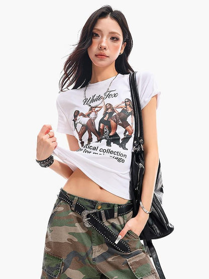 QIUQIU STUDIO Cropped Portrait Print Round Neck Waist Cinch Women&