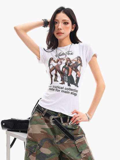 QIUQIU STUDIO Cropped Portrait Print Round Neck Waist Cinch Women&