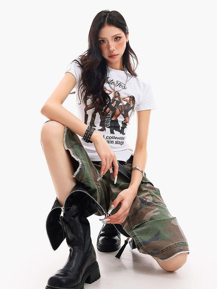 QIUQIU STUDIO Cropped Portrait Print Round Neck Waist Cinch Women&