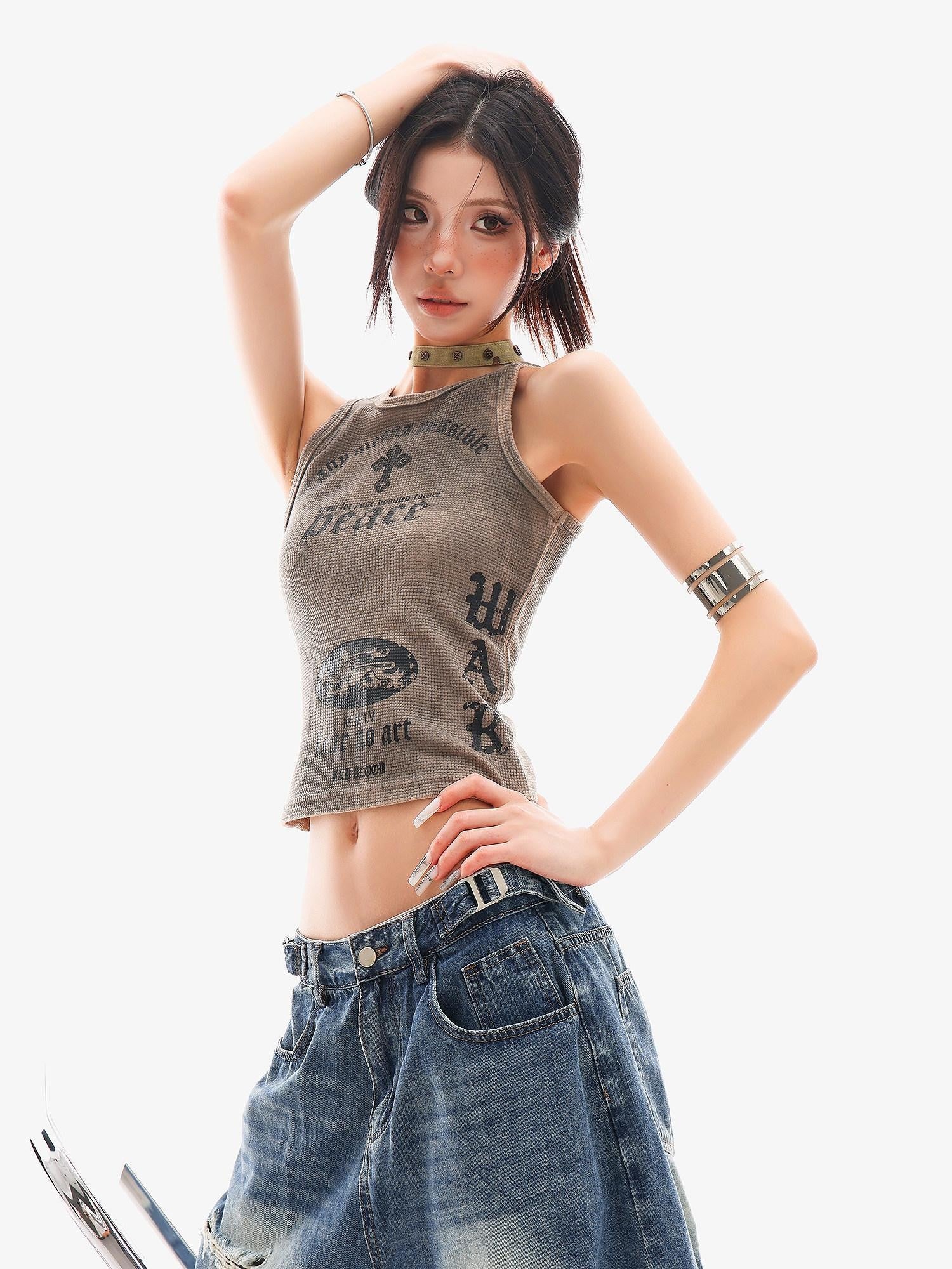 QIUQIU STUDIO Cropped Printed Round Neck Fitted Women&