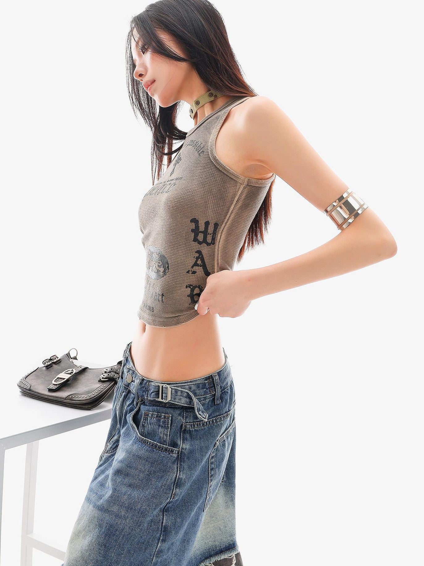 QIUQIU STUDIO Cropped Printed Round Neck Fitted Women&