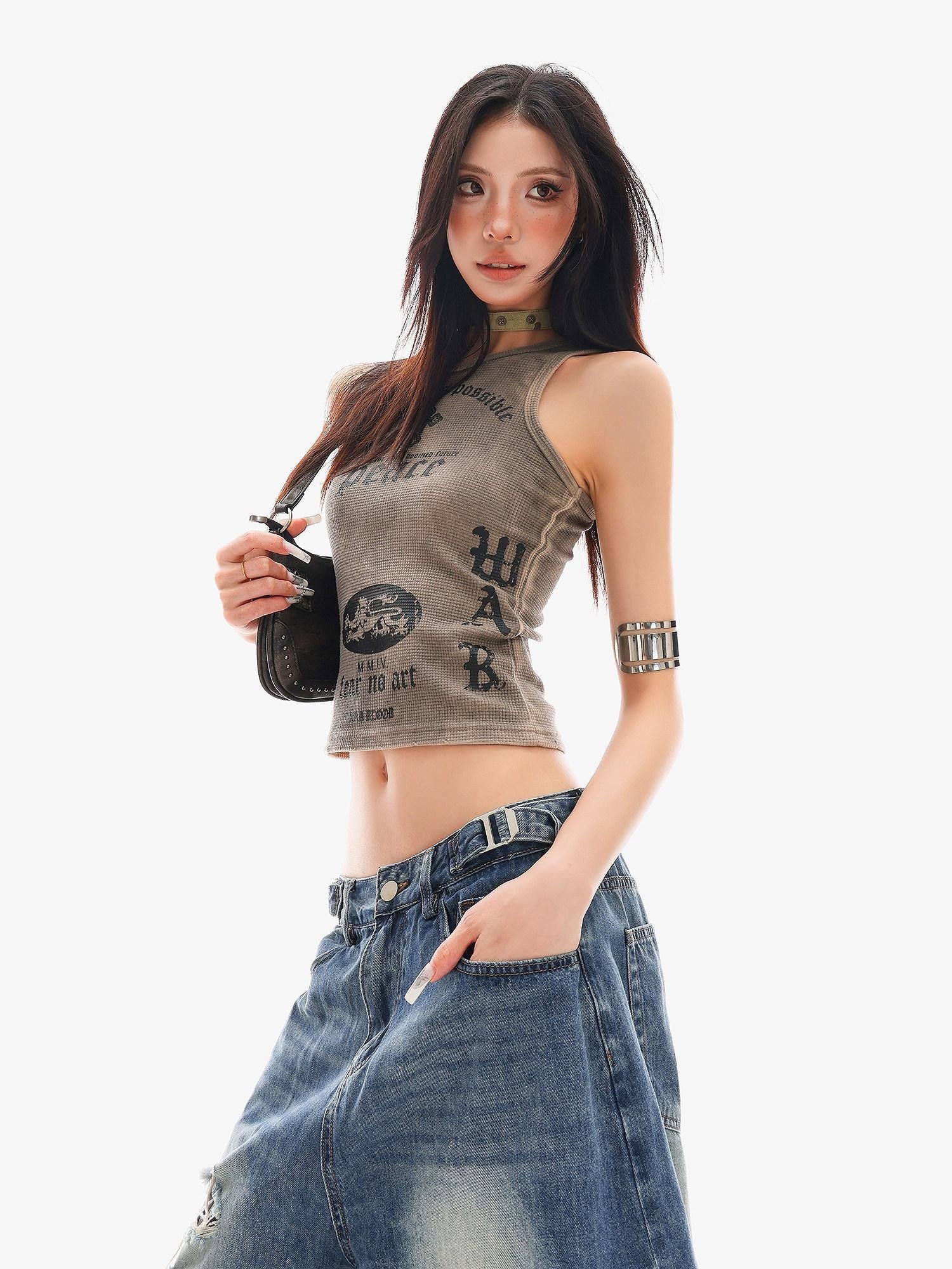 QIUQIU STUDIO Cropped Printed Round Neck Fitted Women&
